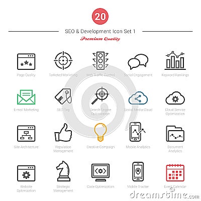 Set of Bold Stroke SEO and Development icons Set 1 Vector Illustration