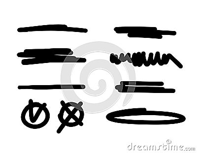 A set of bold underlines. A collection of highlight lines and other elements for highlighting or strikethrough text. Vector stock Vector Illustration
