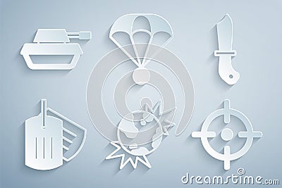 Set Bomb explosive planet earth, Military knife, dog tag, Target sport, Parachute and tank icon. Vector Vector Illustration