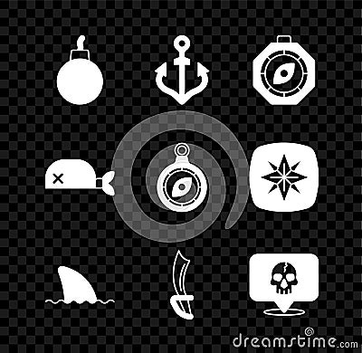 Set Bomb ready to explode, Anchor, Compass, Shark fin in ocean wave, Pirate sword, Skull, bandana for head and icon Vector Illustration
