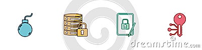 Set Bomb ready to explode, Server security with lock, Tablet closed padlock and Cryptocurrency key icon. Vector Stock Photo