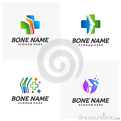 Set of Bone Plus logo. Healthy bone Icon. Knee bones and joints care protection logo template. Medical flat logo design. Vector of Vector Illustration