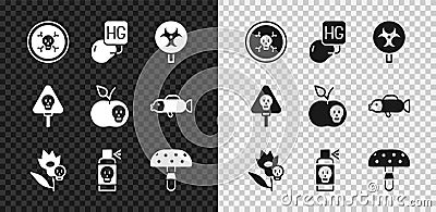 Set Bones and skull, Drop of mercury, Biohazard symbol, Poison flower, Spray against insects, Fly agaric mushroom, and Vector Illustration