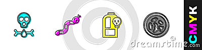 Set Bones and skull, Snake, Beaker with toxic liquid and Petri dish bacteria icon. Vector Stock Photo