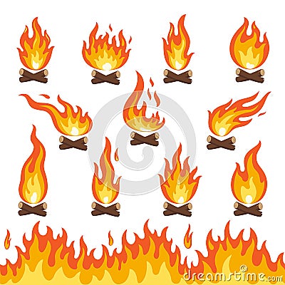 Set of bonfire and fire wood isolated on white Cartoon Illustration