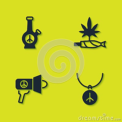 Set Bong, Necklace with peace symbol, Megaphone and Marijuana joint, spliff icon. Vector Stock Photo