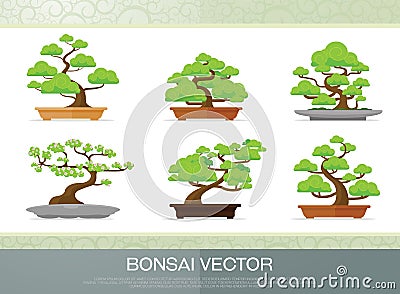 Set of bonsai plant in the pot flat style Vector Illustration