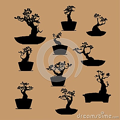 Set of Bonsai tree, silhouette of bonsai, Detailed image, Vector illustration. Vector Illustration