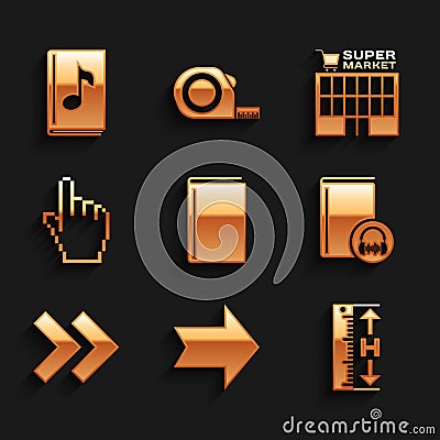 Set Book, Arrow, Measuring height and length, Audio book, Pixel hand cursor, Supermarket building and icon. Vector Vector Illustration