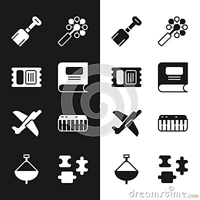 Set Book, Circus ticket, Shovel toy, Rattle baby, Toy plane, Music synthesizer, Puzzle pieces and Whirligig icon. Vector Vector Illustration