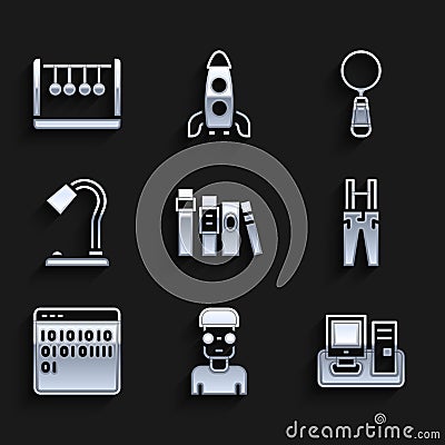 Set Book, Nerd geek, Monitor with keyboard, Pants suspenders, Binary code, Table lamp, Magnifying glass and Pendulum Stock Photo