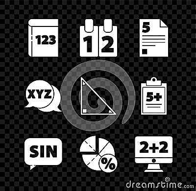 Set Book with word mathematics, Calendar, Test exam sheet, Mathematics function sine, Graph, schedule, chart, diagram Vector Illustration