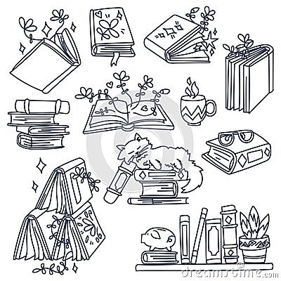 A set of books along the contour with plant elements coming out of the books. A cat, a stack of books on a shelf Vector Illustration