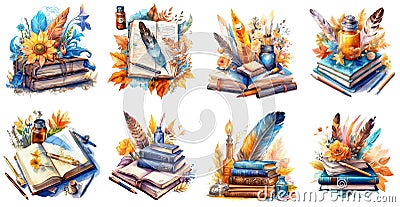 Set of books, quill pens, inkwell, pencils, feathers and other items. Watercolor illustration. Design elements isolated on white Cartoon Illustration