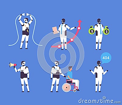 Set bot helper robot personal assistant diversity professions communication collection robot character artificial Vector Illustration