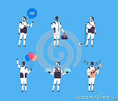 Set bot helper robot personal assistant diversity professions communication collection robot character artificial Vector Illustration