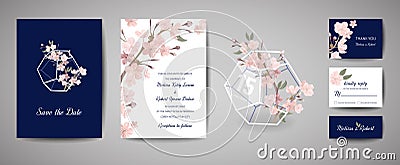 Botanical retro wedding invitation card, vintage Save the Date, template design of sakura flowers and leaves, cherry Vector Illustration