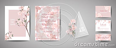 Botanical retro wedding invitation card, vintage Save the Date, template design of sakura flowers and leaves, cherry Vector Illustration