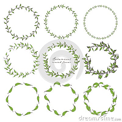 Set of botanical round frame, Hand drawn flowers, Botanical composition, Decorative element for Invitations card. Vector Illustration