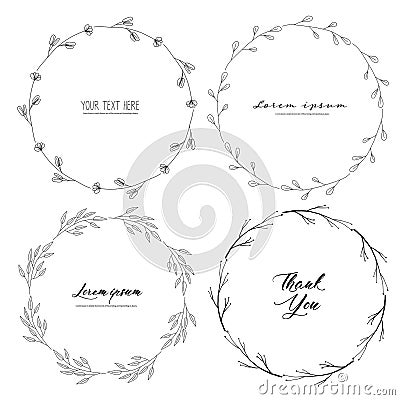 Set of botanical round frame, Hand drawn flowers, Botanical composition, Decorative element for Invitations card. Vector Illustration