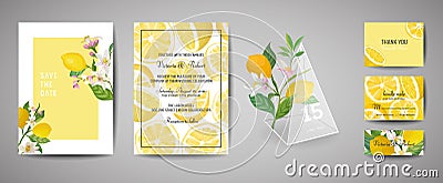 Set of Botanical wedding invitation card, vintage Save the Date, template design of lemons fruit flowers and leaves, blossom Vector Illustration