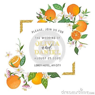 Set of Botanical wedding invitation card, vintage Save the Date, template design of orange, citrus fruit, flowers and leaves Vector Illustration