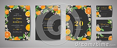 Set of Botanical wedding invitation card, vintage Save the Date, template design of orange, citrus fruit, flowers and leaves Vector Illustration