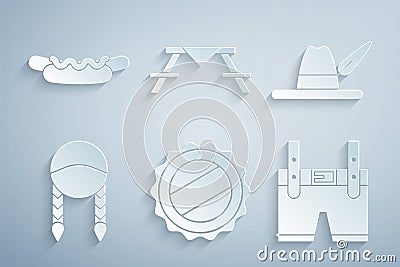 Set Bottle cap, Oktoberfest hat, Braid, Lederhosen, Picnic table with benches and Hotdog sandwich icon. Vector Vector Illustration