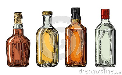 Set bottle for gin, rum, whiskey, tequila. Vector Illustration