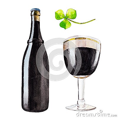 Set with bottle, glass of dark beer and the clover, watercolor illustration in hand-drawn style for St. Patrick`s Day. Cartoon Illustration