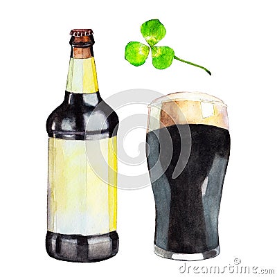 Set with bottle, glass of dark beer and the clover, watercolor illustration in hand-drawn style for St. Patrick`s Day. Cartoon Illustration