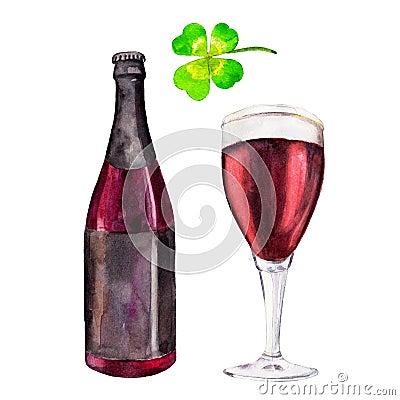 Set with bottle, glass of red beer and the clover, watercolor illustration in hand-drawn style for St. Patrick`s Day. Cartoon Illustration