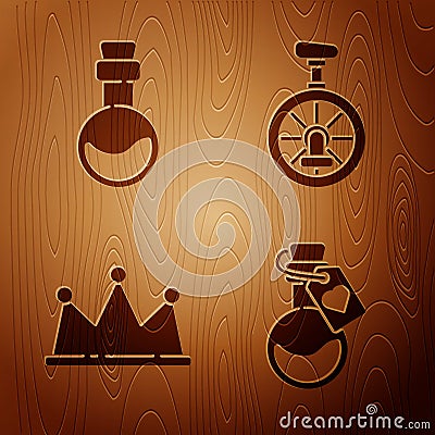 Set Bottle with love potion, Bottle with love potion, Crown and Unicycle or one wheel bicycle on wooden background Vector Illustration