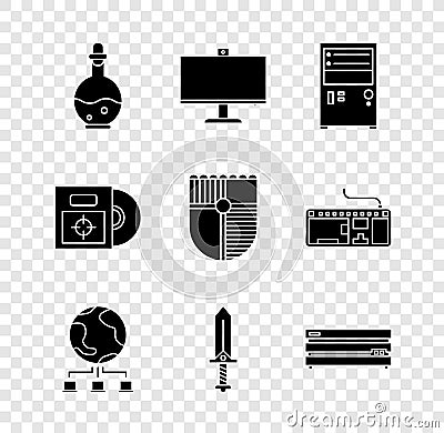 Set Bottle with magic elixir, Computer monitor, network, Sword for game, Video console, CD DVD disk in box and Shield Vector Illustration