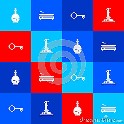 Set Bottle with magic elixir, Video game console, Ancient key for and Joystick arcade machine icon. Vector Vector Illustration