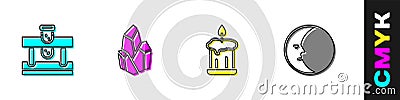 Set Bottle with potion, Magic stone, Burning candle and Moon icon. Vector Stock Photo