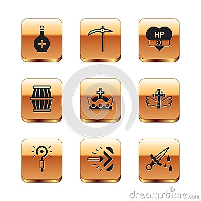 Set Bottle with potion, Magic wand, arrow, King crown, Gun powder barrel, Video game, Sword blood and Pickaxe icon Vector Illustration