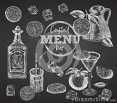 Set bottle tequila, cocktail glasses, orange, ice, citrus on black chalk board background Vintage hand drawn sketch Vector Illustration