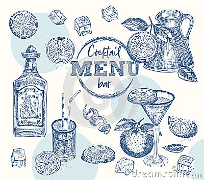 Set bottle tequila, cocktail glasses, orange, ice, citrus Vintage hand drawn sketch design bar, restaurant, cafe menu Vector Illustration