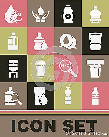 Set Bottle of water, Glass with, Fire hydrant, Big bottle clean, Recycle aqua and Water drop speech bubbles icon. Vector Vector Illustration