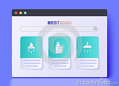 Set Bottle of water with glass, Recycle clean aqua and Shower icon. Vector Stock Photo