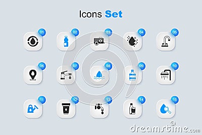 Set Bottle of water with glass, Water tap, Watering can, Drop and magnifying, Shower, Recycle clean aqua and drop icon Vector Illustration