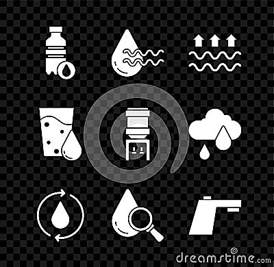 Set Bottle of water, Recycle clean aqua, Waves and evaporation, Drop magnifying glass, Water tap, Glass with and cooler Vector Illustration