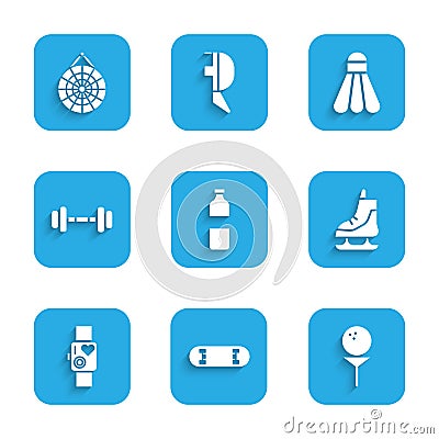 Set Bottle of water, Skateboard trick, Golf ball on tee, Skates, Smart watch showing heart beat rate, Dumbbell Stock Photo