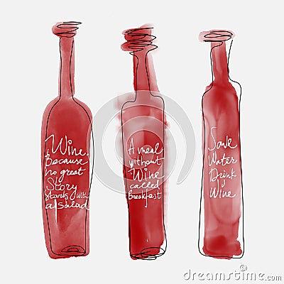 Set of bottle wine - watercolor bottles hand drawn art Vector Illustration