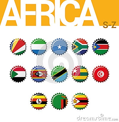 Set of 13 bottlecap flags of Africa S-Z. Set 4 of 4. Vector Illustration