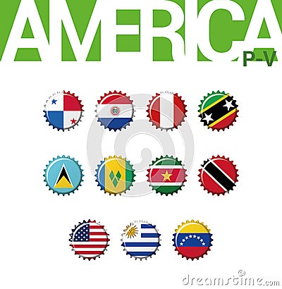 Set of 12 bottlecap flags of America P-V. Set 3 of 3. Vector Illustration