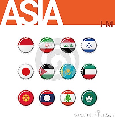 Set of 12 bottlecap flags of Asia I-M. Set 2 of 4. Vector Illustration