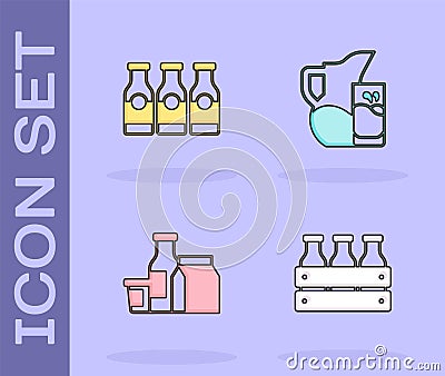 Set Bottled milk in wooden box, with, Milk product and jug or pitcher and glass icon. Vector Vector Illustration