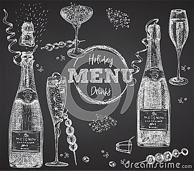 Set bottles Champagne, wine, wine glass, cocktail on black chalk board background Vintage hand drawn sketch design bar Vector Illustration